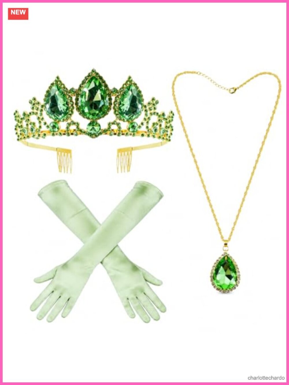 Princess Tiana Costume Accessory Set Crown Necklace Gloves Rhinestone Tiara